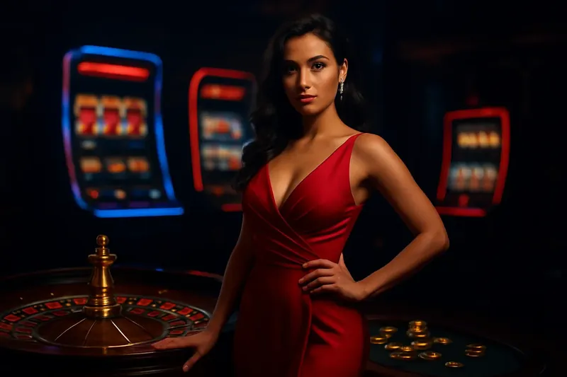 Bangladesh casino homepage banner with woman in red dress, roulette and slots