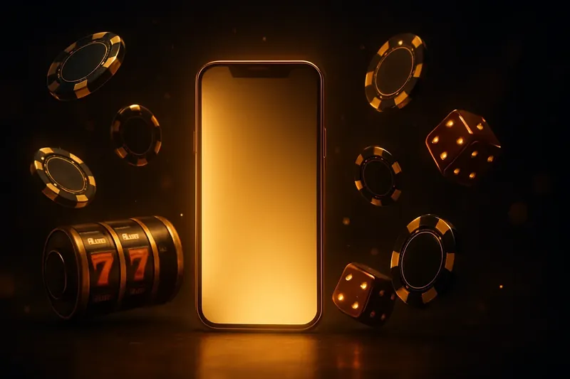 Panoramic banner with glowing smartphone, casino chips, dice, and slot reels